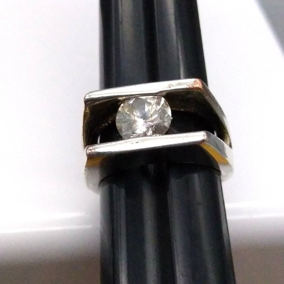 Split Shank Silverplate Ring with Channel Set CZ Round Cut Stone, Flush Tension - Picture 1 of 6